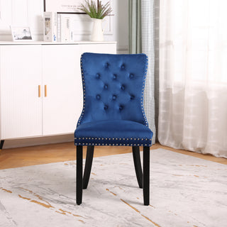 Neo Set Of Two Midnight Blue Studded Velvet Dining Chairs with Ring Knocker Detail