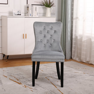 Neo Set Of Two Grey Studded Velvet Dining Table Chairs with Ring Knocker