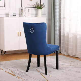 Neo Set Of Two Midnight Blue Studded Velvet Dining Chairs with Ring Knocker Detail