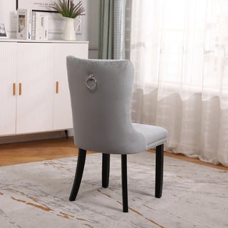 Neo Set Of Two Grey Studded Velvet Dining Table Chairs with Ring Knocker