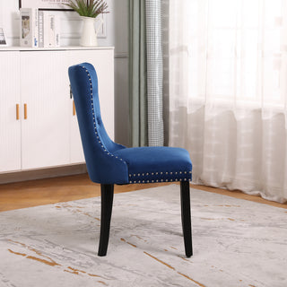 Neo Set Of Two Midnight Blue Studded Velvet Dining Chairs with Ring Knocker Detail