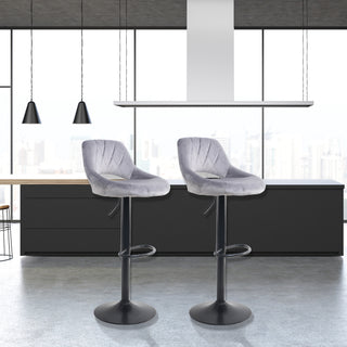 Neo Bar Stool Grey Crushed Velvet Fabric & Black Steel Base Set of Two