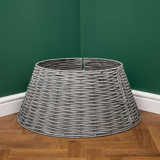 Neo Grey Willow Christmas Tree Skirt Natural Rustic Handwoven Half Split Willow Base Cover Hider Collar