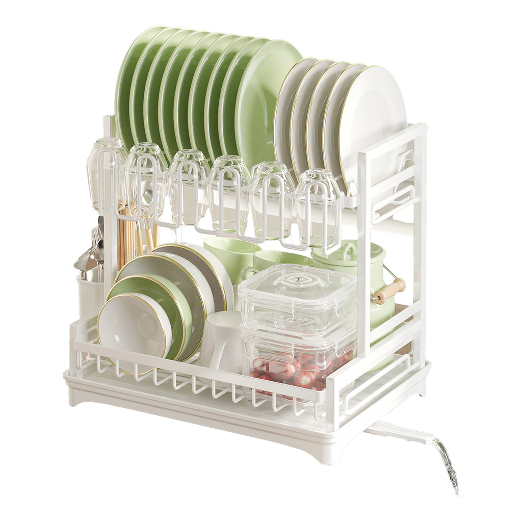 Neo White Tier Dish Drying Rack with Drip Tray and Drainage