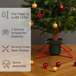Neo Green And Red Christmas Tree Stand for Real Trees up to 8ft Extra Large Heavy Duty Metal Base with 4 Screws 3.3L Water Reservoir Tank Secure Stylish Festive Stable Design