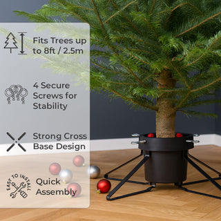 Neo Black Christmas Tree Stand for Real Trees up to 8ft Extra Large Heavy Duty Metal Base with 4 Screws 3.3L Water Reservoir Tank Secure Stylish Festive Stable Design