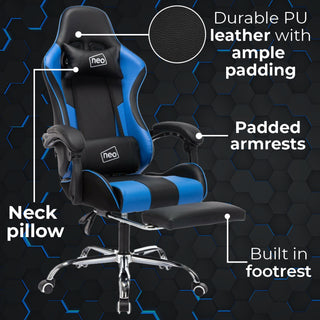 Neo Gaming Chair Blue & Black Leather With Massage Function & Footrest