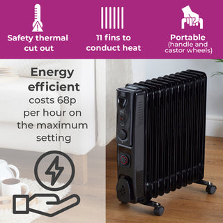Neo 2500W 11 Fin Electric Oil Filled Radiator With Timer - Black