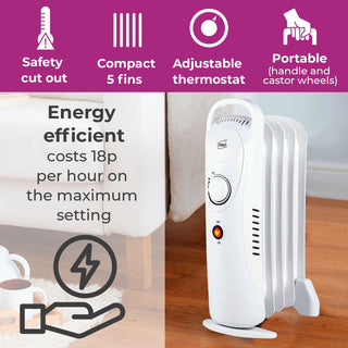 Neo 650W Oil Filled 5 Fin Electric Heater Radiator - White