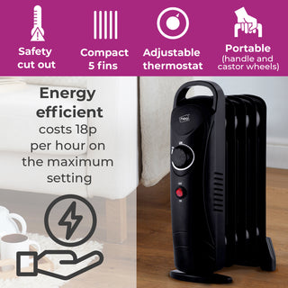 Neo 650W Oil Filled 5 Fin Electric Heater Radiator - Black