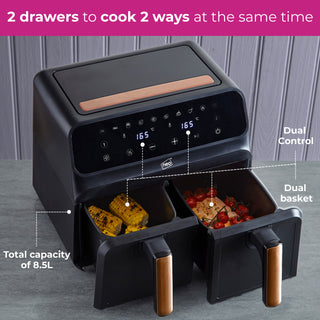 Neo Digital Electric Air Fryer Black & Copper 8.5L with Dual Drawer & Glass Viewing Window