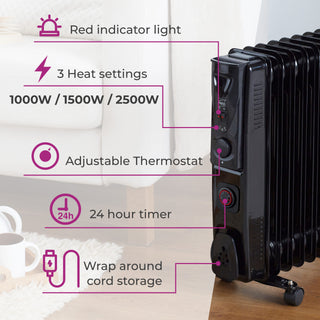 Neo 2500W 11 Fin Electric Oil Filled Radiator With Timer - Black