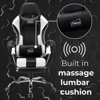 Neo Gaming Chair White  Black Leather with Massage Function & Footrest