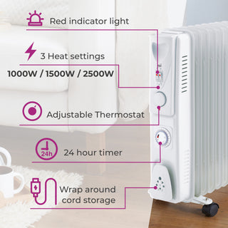 Neo 2500W 11 Fin Electric Oil Filled Radiator With Timer - White