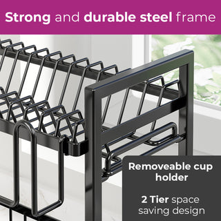 Neo Black 2 Tier Dish Drying Rack with Drip Tray and Drainage Spout