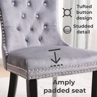 Neo Set Of Two Grey Studded Velvet Dining Table Chairs with Ring Knocker
