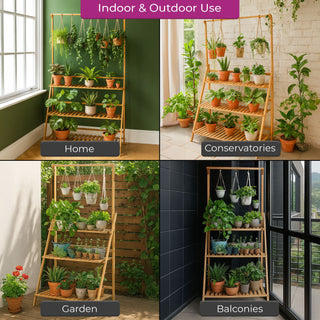 Neo 3‑Tier Foldable Bamboo Plant Stand with Hanging Hook