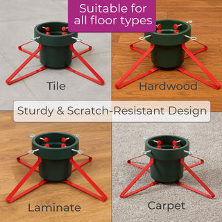 Neo Green And Red Christmas Tree Stand for Real Trees up to 8ft Extra Large Heavy Duty Metal Base with 4 Screws 3.3L Water Reservoir Tank Secure Stylish Festive Stable Design