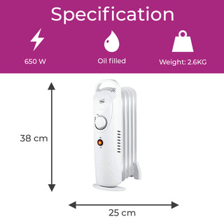 Neo 650W Oil Filled 5 Fin Electric Heater Radiator - White
