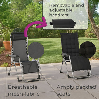 Neo Black Zero Gravity Sun Lounger With Padded Cushions Set of Two