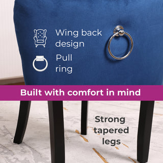 Neo Set Of Two Midnight Blue Studded Velvet Dining Chairs with Ring Knocker Detail