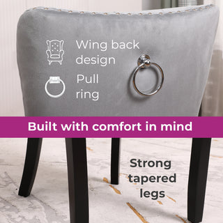 Neo Set Of Two Grey Studded Velvet Dining Table Chairs with Ring Knocker