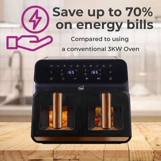 Neo Digital Electric Air Fryer Black & Copper 8.5L with Dual Drawer & Glass Viewing Window