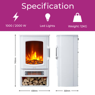 Neo Electric Heater White with Realistic Flame & Log Store 1000W / 2000W