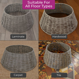 Neo Grey Willow Christmas Tree Skirt Natural Rustic Handwoven Half Split Willow Base Cover Hider Collar