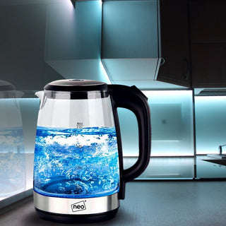 Neo Glass Blue LED Illuminated Electric Kettle Jug 2L Cordless Portable Design