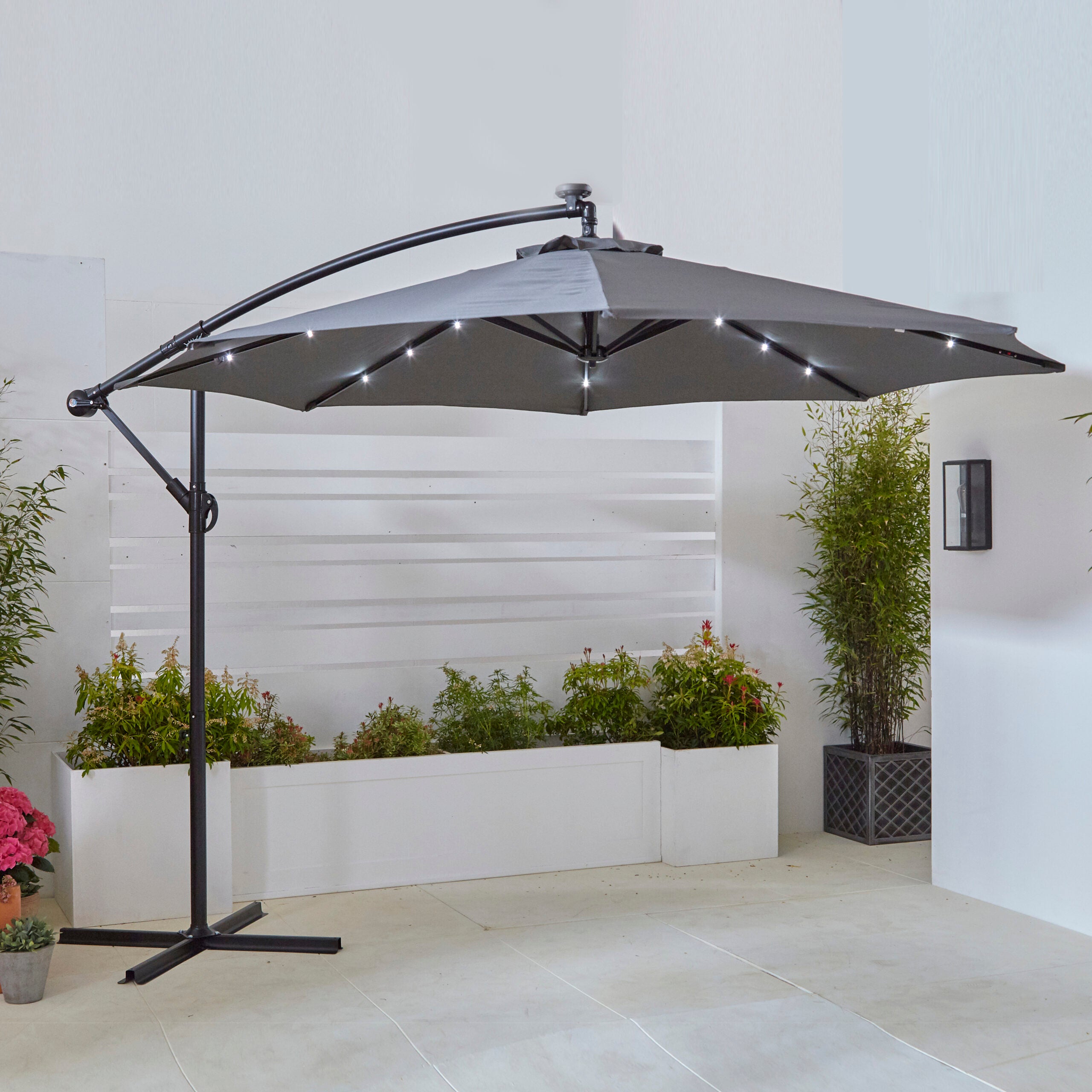 grey lighted patio umbrella Neo 3M Grey Outdoor Freestanding Parasol with Led Lights – Neo Direct