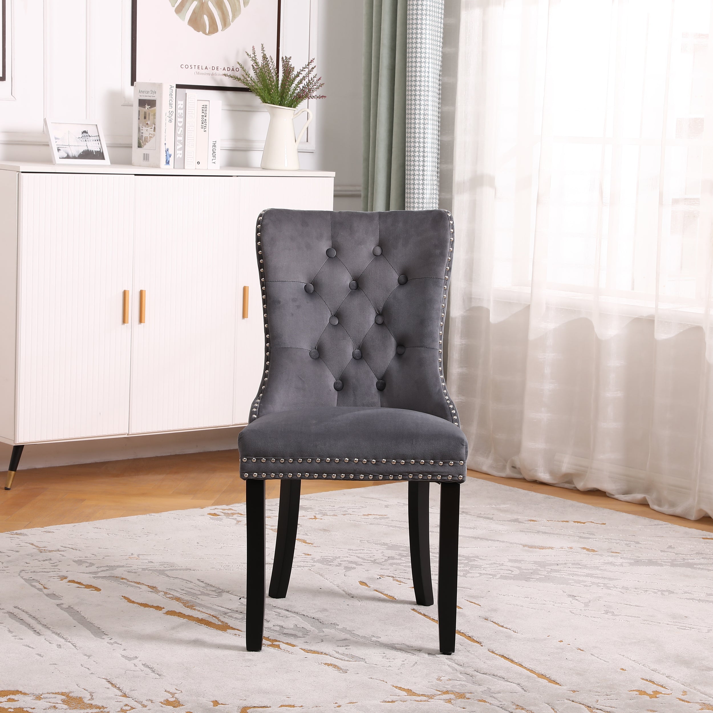Neo Set Of Two Dark Grey Studded Velvet Dining Table Chair with