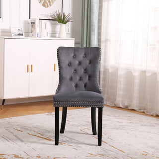 Neo Dark Grey Studded Velvet Dining Table Chair with Ring Knocker Detail x2