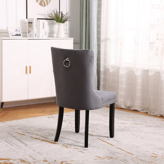 Neo Dark Grey Studded Velvet Dining Table Chair with Ring Knocker Detail x2