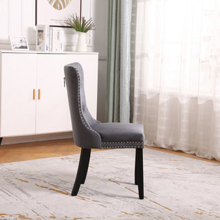 Neo Set of Four Dark Grey Studded Velvet Dining Table Chair with Ring Knocker Detail
