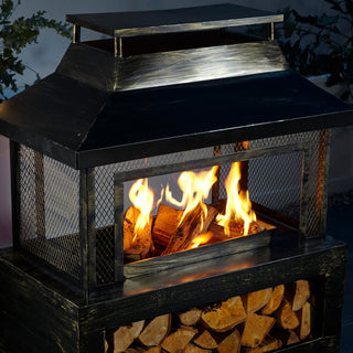 Neo Black Outdoor Fire Pit Log Burner With Mesh Surround and Storage