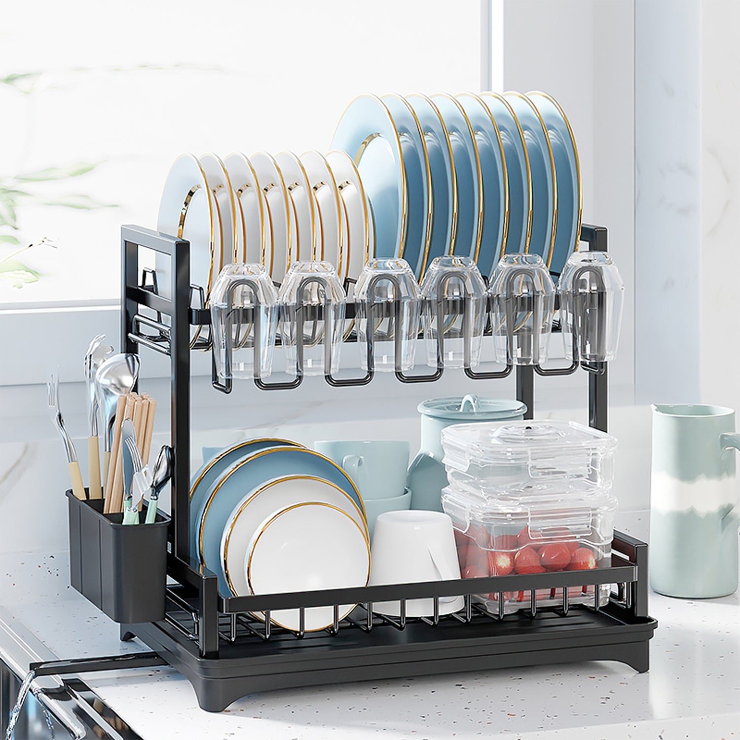 Neo Black Tier Dish Drying Rack with Drip Tray and Drainage