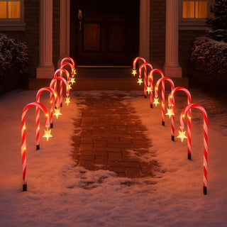 Neo Large 42cm 12 Piece Set Pack Remote Solar Panel Battery Candy Cane Christmas Lights LED Outdoor Decorations 8 Modes Festive Path Waterproof Yard Stakes