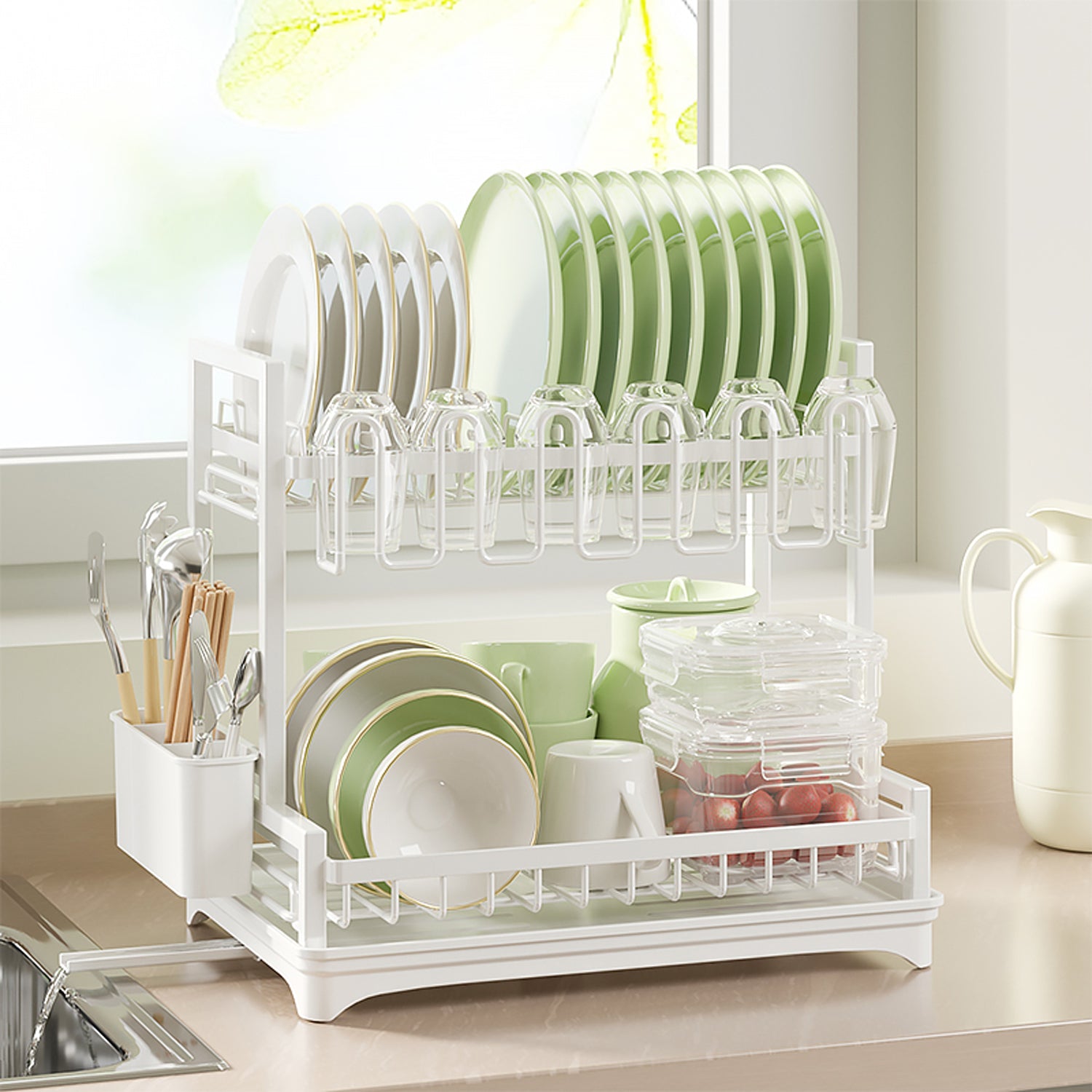 Neo White Tier Dish Drying Rack with Drip Tray and Drainage