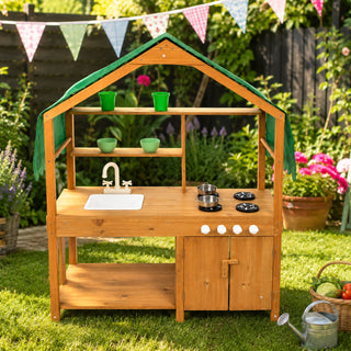 Neo Wooden Outdoor Mud Kitchen for Kids Working Sink Play Stove