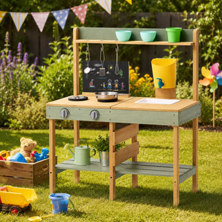 Neo Kids Wooden Outdoor Mud Kitchen Water Tap Sink Chalkboard