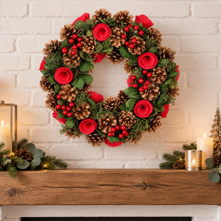 Neo 50cm Christmas Red Berries Roses Festive Door Wreath