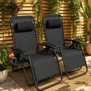 Neo Black Zero Gravity Recliner Garden Sun Loungers x2