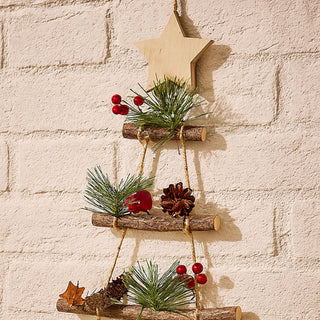 Neo Wooden Hanging Wall Xmas Christmas Tree Ladder Decoration Rustic Nordic Hygge Style with Pine Cones Red Berries Jute Rope Wall Mounted Décor