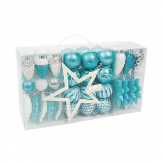 Neo Blue and White 110PCS Christmas Tree Ornaments Set Shatterproof Baubles Decorations Tree Topper Star Luxury Ornament Kit Christmas Easy to Hang Home Party Décor Star Topper, Balls, Snowflakes & Icicles