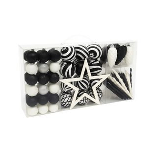 Neo Black and White 110PCS Christmas Tree Ornaments Set Shatterproof Baubles Decorations Tree Topper Star Luxury Ornament Kit Christmas Easy to Hang Home Party Décor Star Topper, Balls, Snowflakes & Icicles