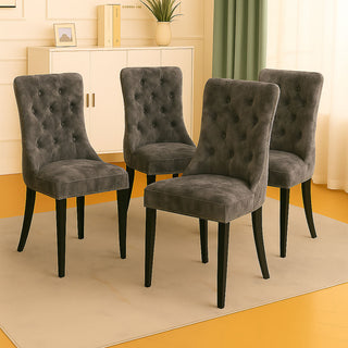 Neo Set of Four Dark Grey Studded Velvet Dining Table Chair with Ring Knocker Detail