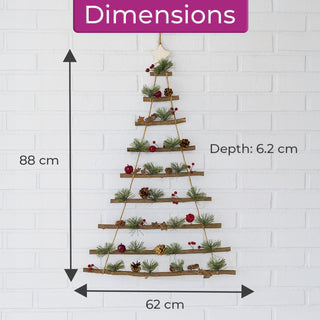 Neo Wooden Hanging Wall Xmas Christmas Tree Ladder Decoration Rustic Nordic Hygge Style with Pine Cones Red Berries Jute Rope Wall Mounted Décor
