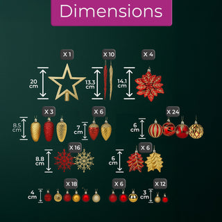 Neo Red and Gold 110PCS Christmas Tree Ornaments Set Shatterproof Baubles Decorations Tree Topper Star Luxury Ornament Kit Christmas Easy to Hang Home Party Décor Star Topper, Balls, Snowflakes & Icicles