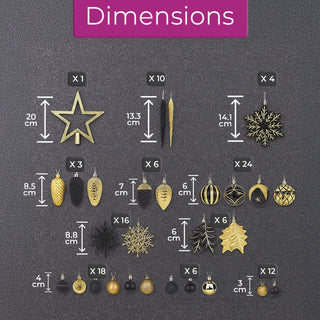 Neo Black and Gold 110PCS Christmas Tree Ornaments Set Shatterproof Baubles Decorations Tree Topper Star Luxury Ornament Kit Christmas Easy to Hang Home Party Décor Star Topper, Balls, Snowflakes & Icicles